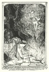 La Reina Althea observa el tronco ardiendo mientras Meleagro muere afuera