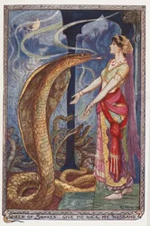 Reina de las Serpientes, Devuélveme a mi esposo, ilustración de The Olive Fairy Book, por Andrew Laing, 1907