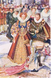 Walter Raleigh sacrifica su capa por la reina Elizabeth, ilustración de Kenilworth, c.1910