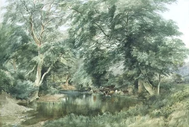 Paisaje con ciervos bebiendo de un río