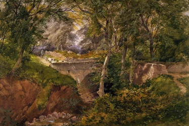 Paisaje boscoso con ovejas cruzando un puente, 1868