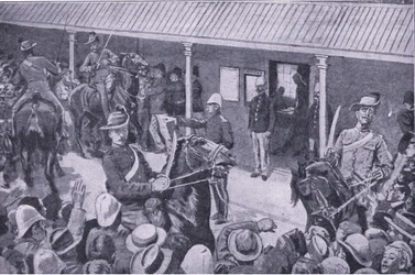 Refuerzos coloniales para Sudáfrica: Una avalancha de solicitantes para enrolarse en Sídney, de Después de Pretoria: La Guerra de Guerrillas publicado por Harmsworth Bros Limited, 1901