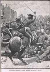 La masacre de Peterloo con los Húsares cargando contra la gente, ilustración de 