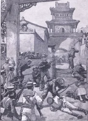 La guerra en China: La lucha en Tientsin, ilustración de la Historia de Inglaterra de Cassell, 1900s