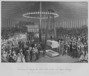 Ceremonia de colocación de la primera piedra del Nuevo Intercambio Real, c1842