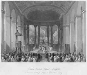 Capilla católica romana, Moorfields. Celebración de la misa mayor el día de Navidad, hacia 1841