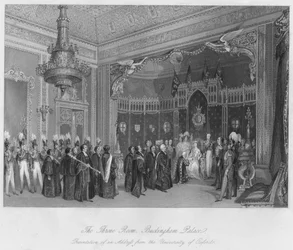 La sala del trono, Palacio de Buckingham. Presentación de una dirección de la Universidad de Oxford, c. 184