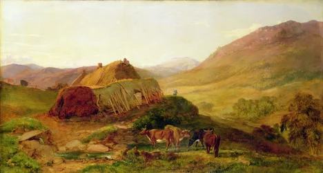 Atardecer: Cottages on the Braeside near Castletown, Braemar, c.1860 (óleo sobre lienzo)