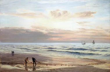 Pescadores tirando de sus redes a orillas de la costa norte de Gales. Óleo sobre lienzo