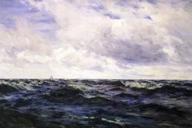 Paisaje marino, con una señal de barco a la izquierda, y un cúter representado en plena regata a la derecha, ambos representados a gran distancia.