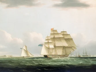 El yate "Royal Sovereign" con la duquesa de Clarence a bordo, saliendo de Portsmouth para ver a la escuadra rusa visitante anclada en Spithead, 8 de agosto de 1827, c.1830 (óleo sobre lienzo, bastidor)