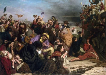 Despedida de inmigrantes, en un muelle del Támesis (Inglaterra), descripción de grupos de personas de todas las edades y clases sociales, así como de los marineros con camisas rojas y azules en el barco saludando a la multitud.