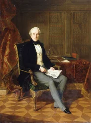 Retrato de Henry Pelham-Clinton, K.G., 4to Duque de Newcastle, sosteniendo un documento, en su estudio, 1850