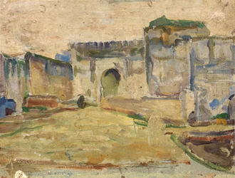 Escena callejera, arquitectura almenada de Tánger, ca. 1910