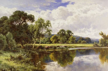 Un paisaje fluvial arbolado con ganado