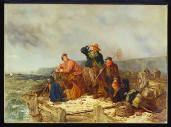 Pescadores en un muelle durante una tormenta
