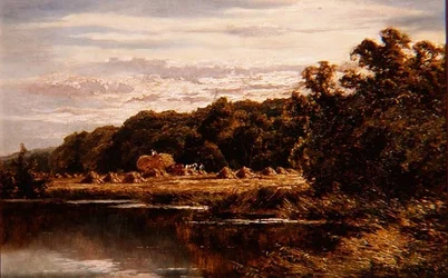 Cosechadores en un campo junto a un río