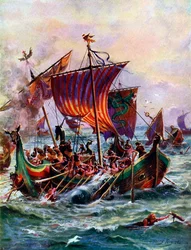 Las galeras de Alfredo atacando el barco dragón vikingo, 897 d.C., c. 1920