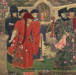 Eligiendo las rosas rojas y blancas en el jardín del templo, 1910
