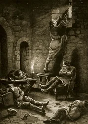 La fuga de Ralph Flambard de la Torre de Londres, ilustración de «Historia de la nación británica de Hutchinson», hacia 1920