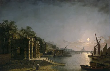 York Water Gate y el Adelphi desde el río a la luz de la luna, c1850