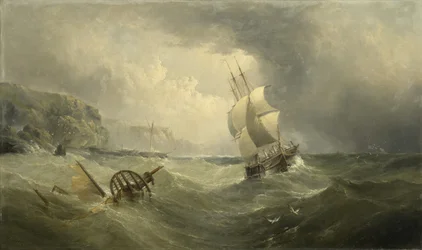 Embarcaciones en la costa en un mar tormentoso, 1874