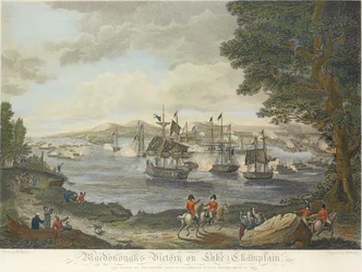 La victoria de MacDonough en el lago Champlain y la derrota del ejército británico en Plattsburg por el general Macomb, 11 de septiembre de 1814, grabado por B. Tanne, 1816