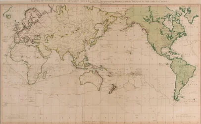 Carta general que muestra los descubrimientos realizados por el capitán James Cook en éste y sus dos viajes anteriores, con las huellas de los barcos bajo su mando. Por el Teniente Roberts de la Marina de Su Majestad...