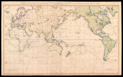 Carta general de los descubrimientos realizados por el capitán James Cook en este viaje y en los dos anteriores, con las huellas de los barcos bajo su mando.