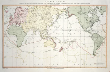 Carta general que muestra los descubrimientos realizados por el capitán James Cook en éste y sus dos viajes anteriores, con las huellas de los barcos bajo su mando. Por el Teniente Roberts de la Marina de Su Majestad...