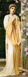 "A Fair Maid" Joven vestida a la antigua, con collar de perlas. Pintura de Henry Ryland (1856-1924) (prerrafaelita) 1901 Colección particular