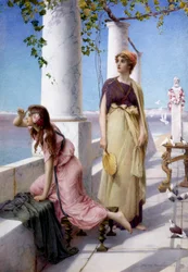 "Mujeres jóvenes oteando el horizonte desde su terraza en estilo antiguo. Pintura de Henry Ryland (1856-1924) 1910 Colección particular