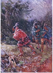 Indios rojos cazando en una tormenta de nieve