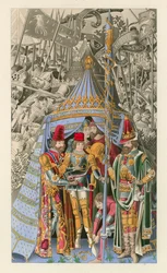 Pirro recibiendo el honor de la caballería, principios del siglo XV