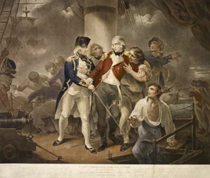 Capt. Trollope en el Glatton de 54 Carronades enfrentando a un escuadrón francés de 8 barcos de guerra con 230 cañones, grabado por James Daniell, 1797
