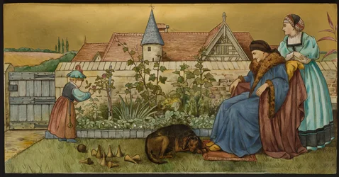Sin Nada, placa que representa una ilustración de Las Siete Edades de Shakespeare, Minton ware, Staffordshire, 1874