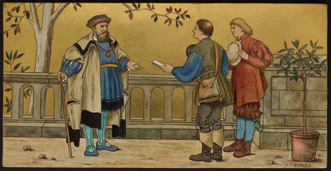 La Justicia, placa que representa una ilustración de Las Siete Edades de Shakespeare, Minton ware, Staffordshire, 1874