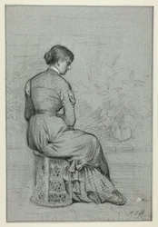 Mujer sentada en un taburete