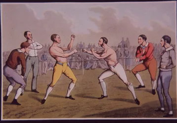 Pelea de boxeo a puño limpio (litografía en color)