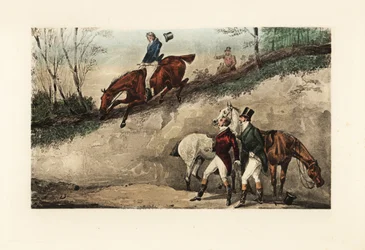 Caballero inglés a caballo dando un salto desde un terraplén empinado