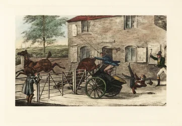 Caballeros ingleses en un carruaje de dos caballos tratando de saltar una barrera de peaje.
