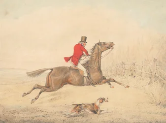 Jinete sobre un caballo castaño a punto de saltar una valla hacia la derecha