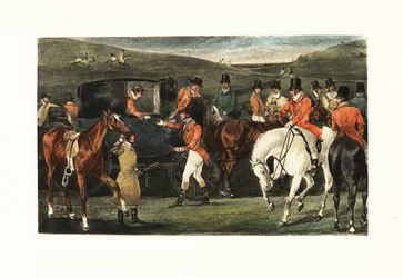Caballeros victorianos a caballo reunidos para una cacería de ciervos.