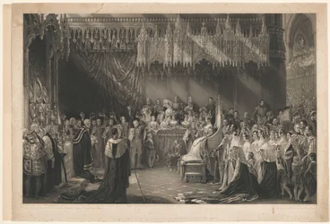 Coronación de la Reina Victoria de Inglaterra. A George Hayter, dirección de Graves y Warmsby. Se adjunta boceto xilográfico y leyenda