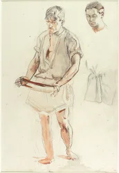 Hombre de pie: estudios de cabeza y de camisa