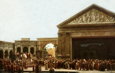 Actores en escena en la Pasión de Oberammergau, 1922