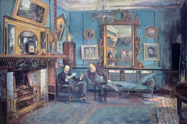 Dante Gabriel Rossetti leyendo un poema a Theodore Watts-Dunton en la sala de estar por Henry Treffry Dunn