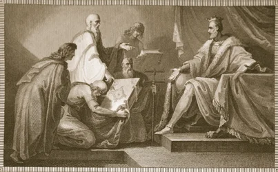 Libro del Juicio Final presentado a Guillermo I, grabado por J. Fittler, ilustración de 
