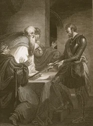 Earl Warenne justificando los títulos de sus propiedades, grabado por J. Fittler, ilustración de 