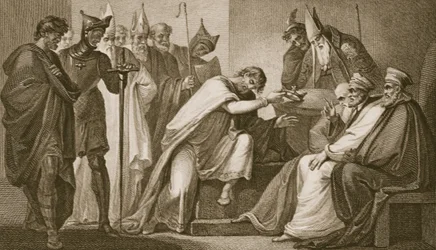 Eduardo II renunciando a su corona, grabado por Schiavonelli, ilustración de 